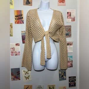 SO Beige Crochet Tie-Front V-Neck Sweater